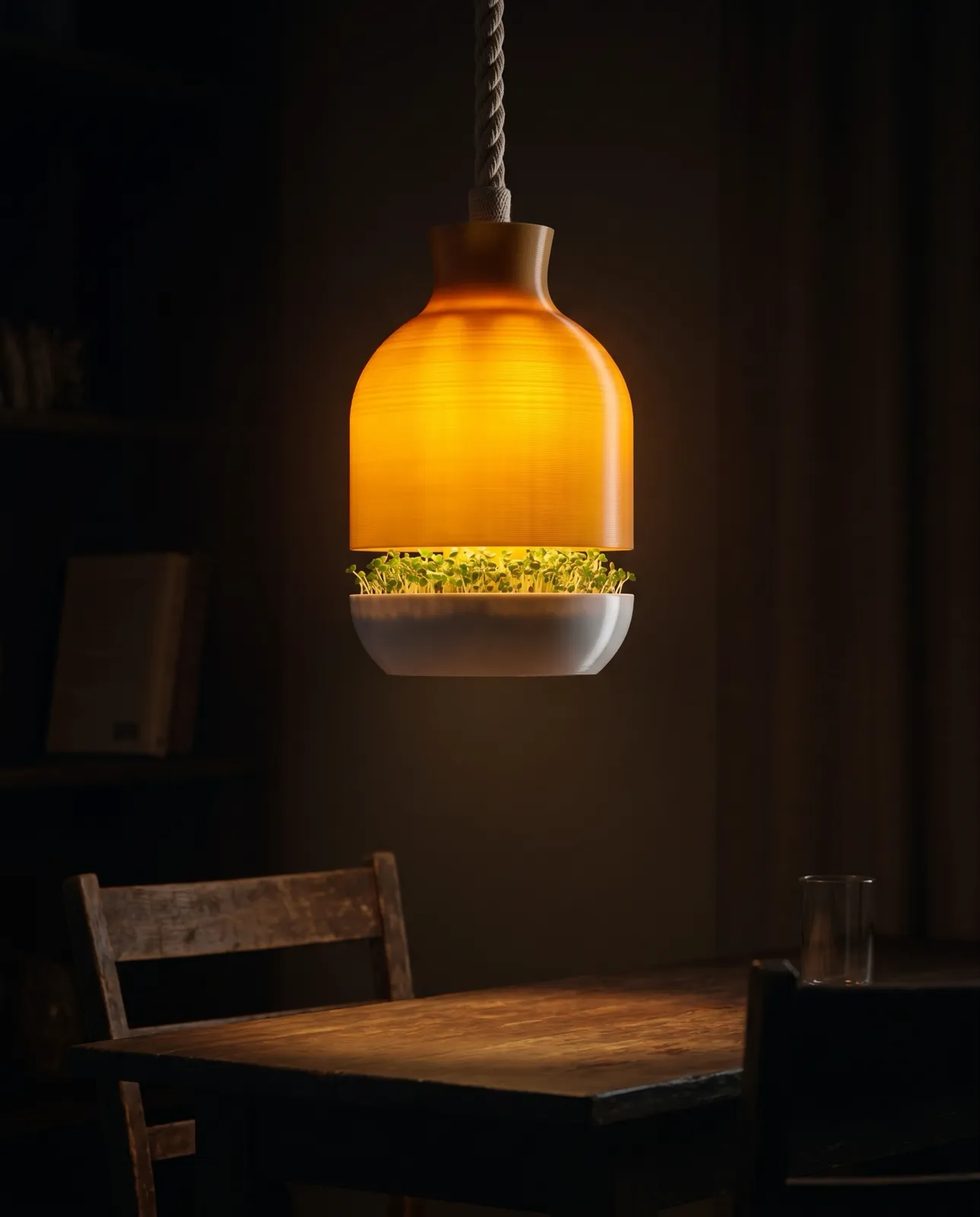 Lampengrün im dunklen Raum, golden von innen leuchtend, frische Microgreens darunter beleuchtet