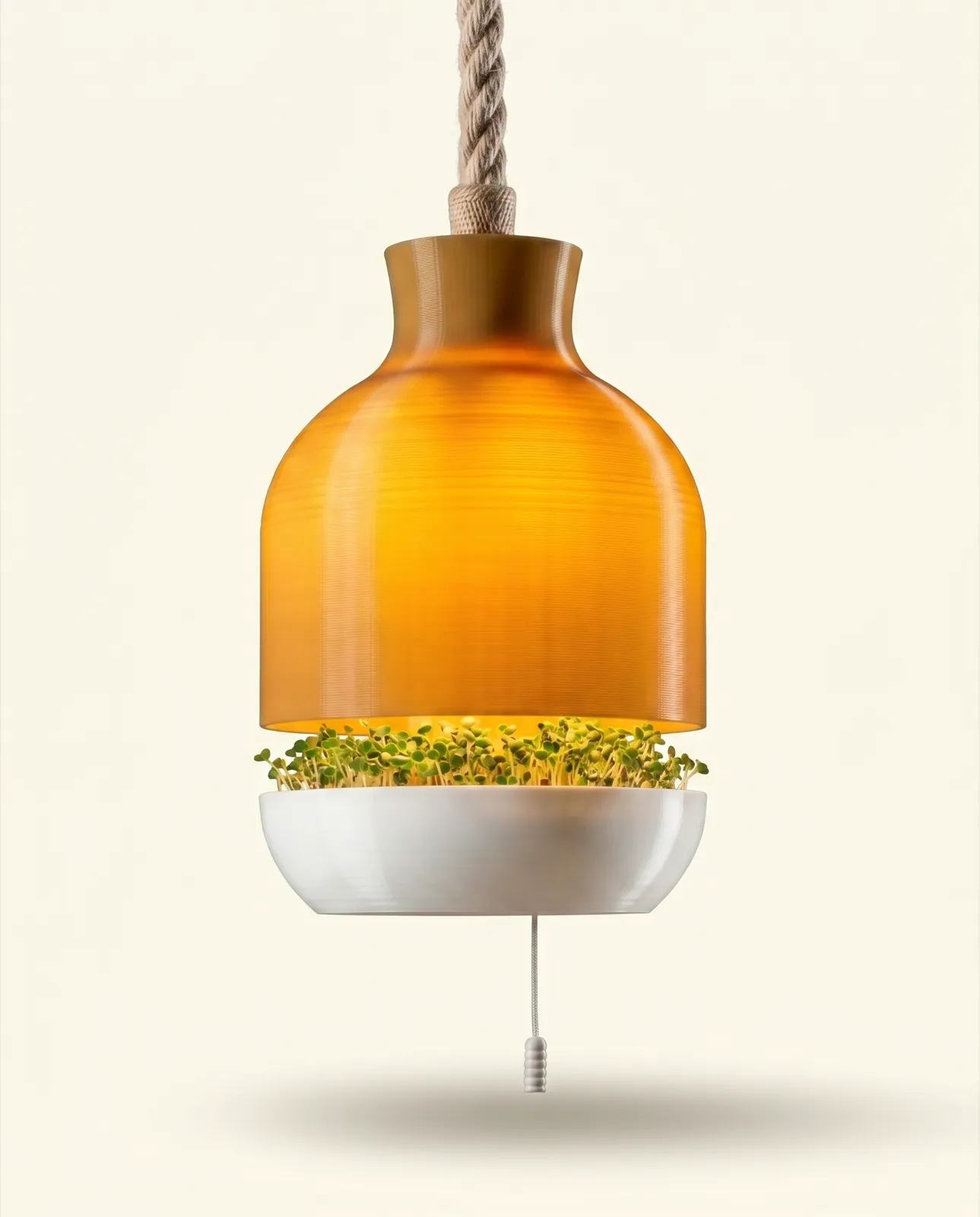 Lampengrün Pendelleuchte aus warmem Amber-PLA, golden leuchtend, mit frischen Microgreens in der unteren Schale